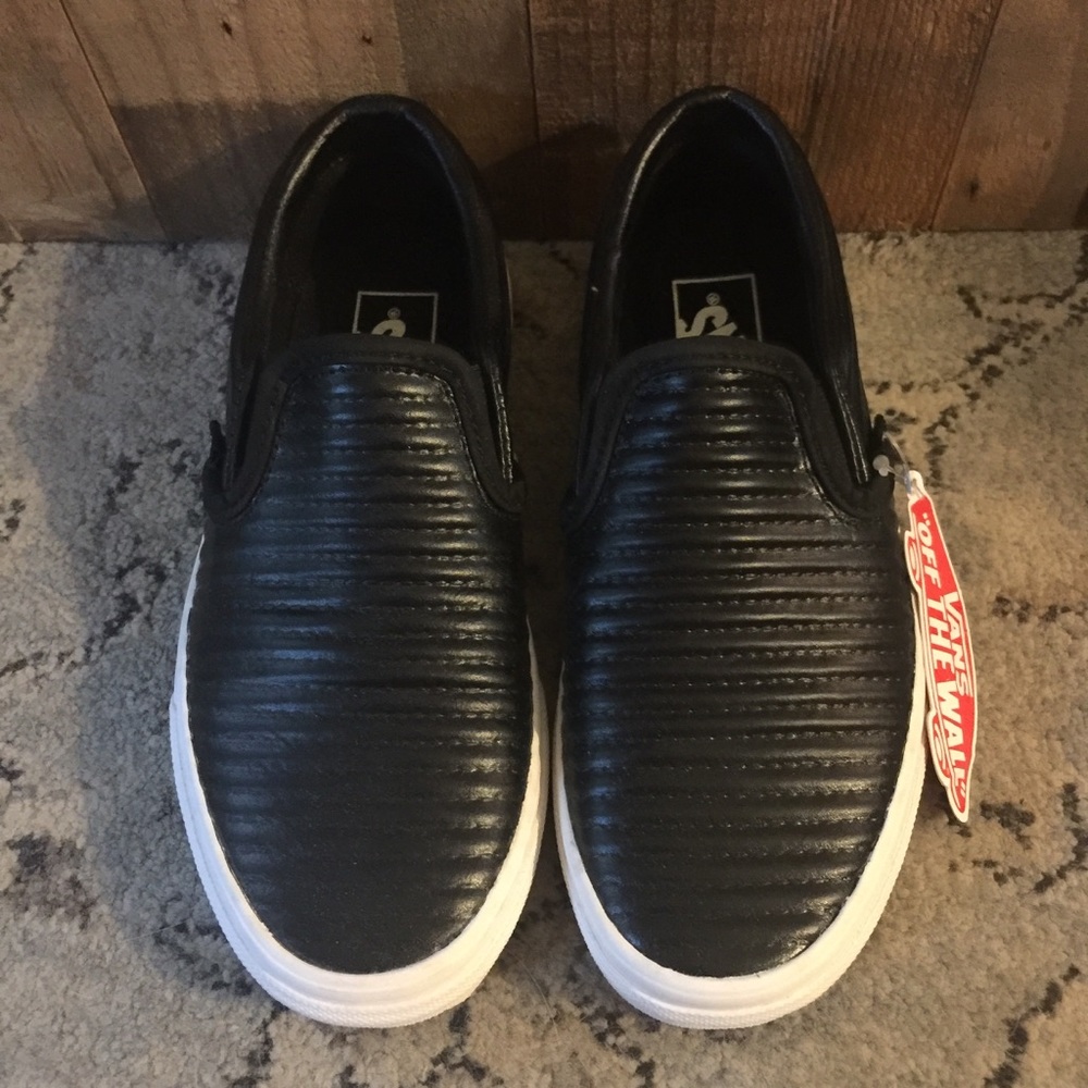 Vans Black Leather Moto Slip On 5 NEW